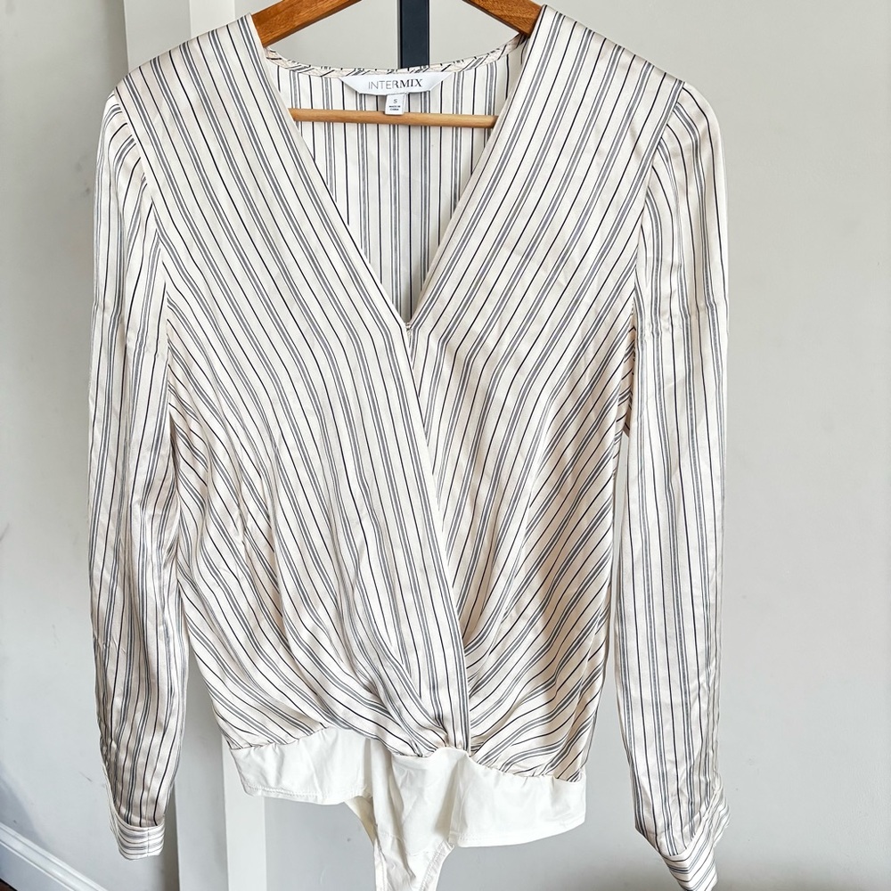 INTERMIX Cream and Black Striped Bodysuit